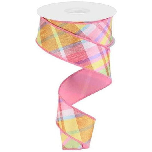1.5" Diagonal Plaid Fused Ribbon: Light Pink/Yellow (10 Yards)