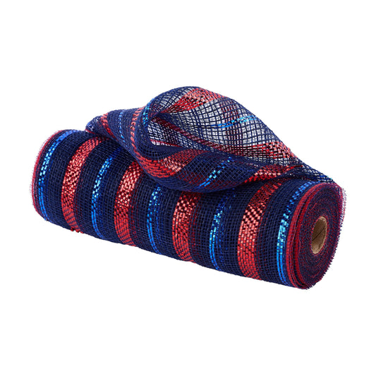 10" Poly Faux Jute Metallic Mesh Ribbon: Navy Blue, Royal, Red (10 Yards)