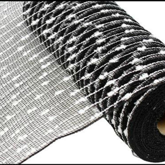 10" Snowball Deco Mesh Ribbon: Black & White (10 Yards)