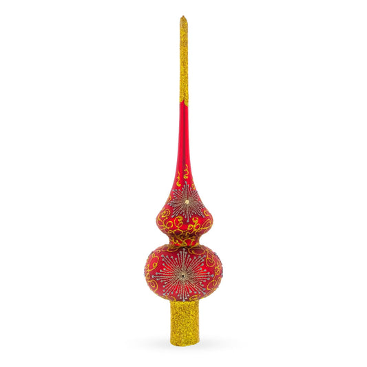 Radiant Jeweled Snowflake on Red Glass Christmas Tree Topper 11 Inches