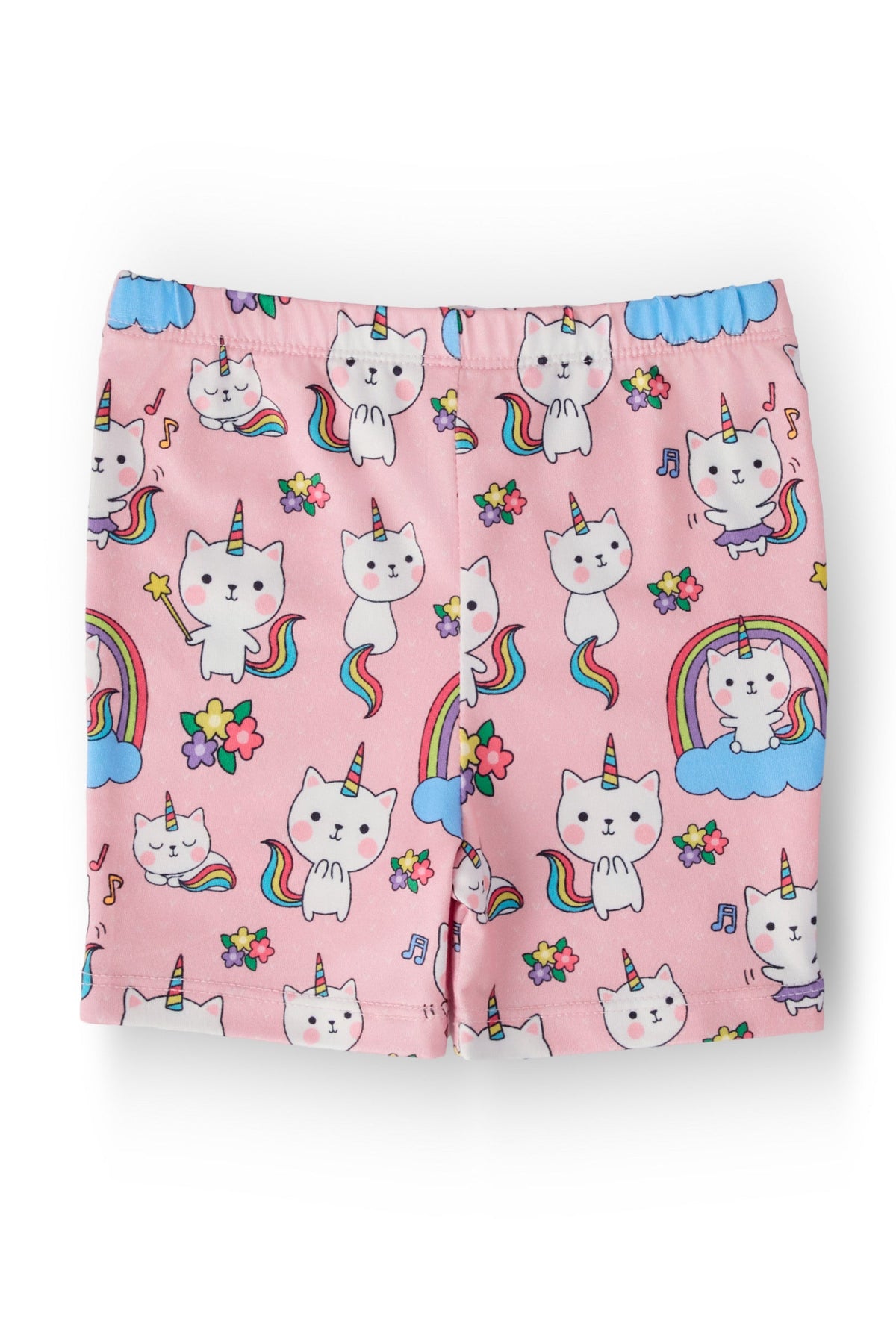 a pair of pink shorts with cats and unicorns