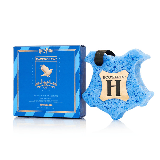 a blue sponge in a shape of a star with a black ribbon
