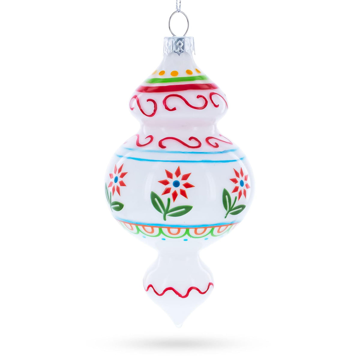 Red Flowers and Swirls Glass Christmas Ornament