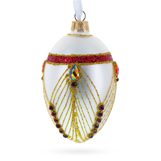 Red Jewels Eccentrics on White Glass Egg Ornament 4 Inches