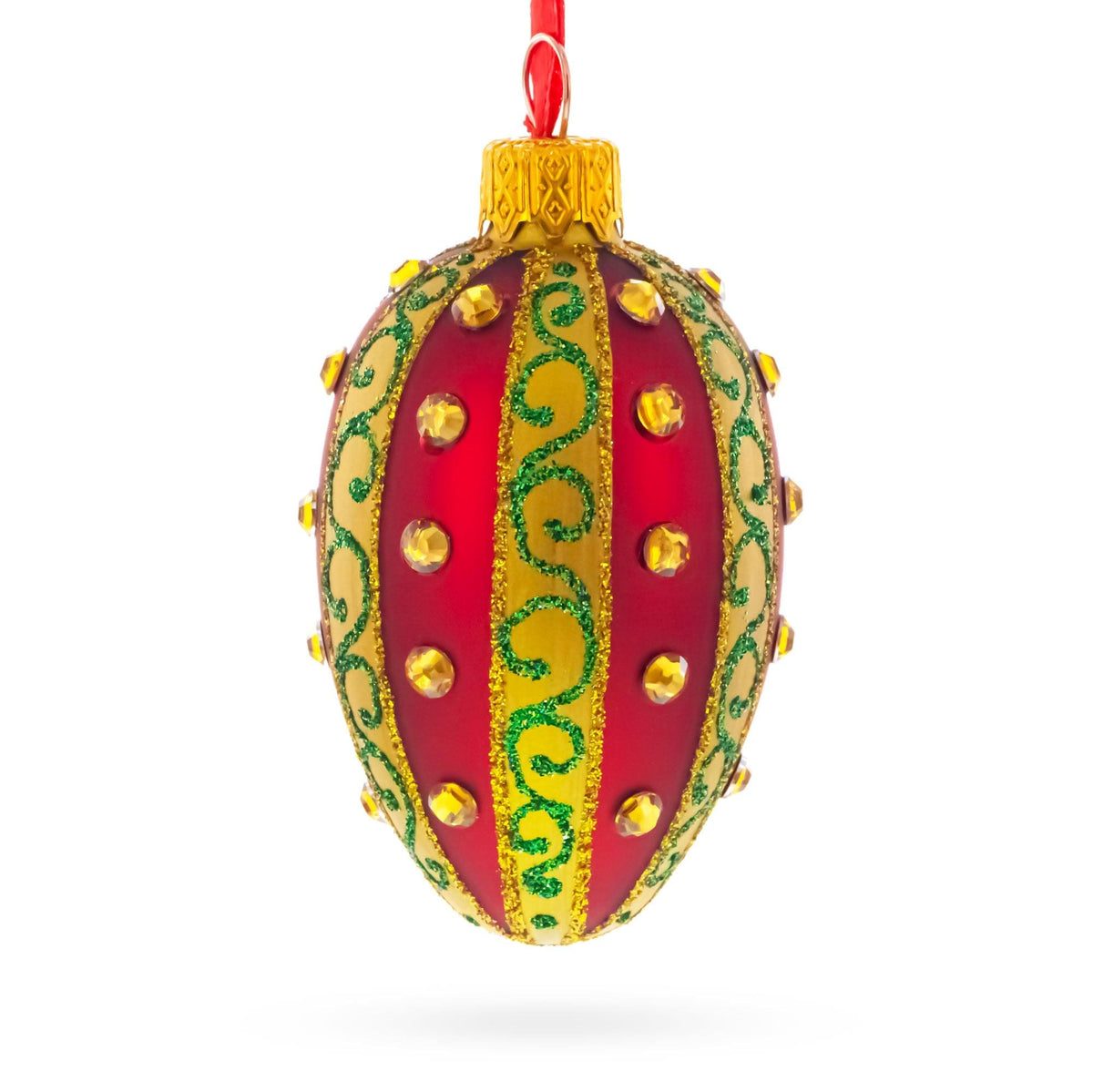 Red and Gold with Green Swirls and Jewel Accents Mini Glass Egg Ornament 2.9 Inches