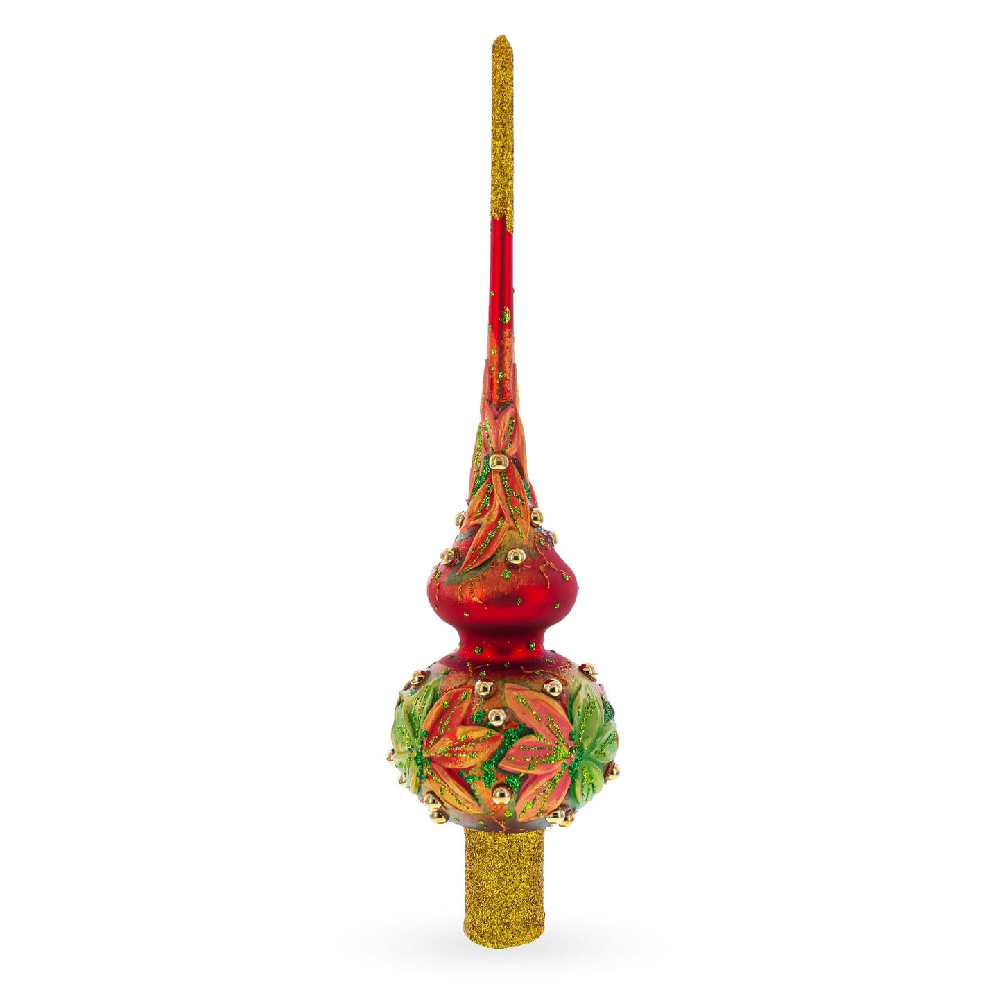 Red and Green Leaves on Red Glass Christmas Tree Topper 11 Inches