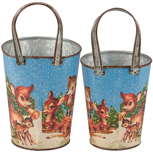 two metal buckets with deer designs