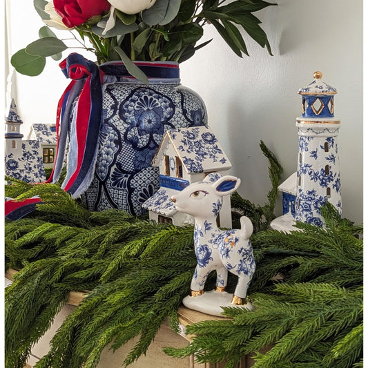 Retro Reindeer Baby in Blue and White Toile