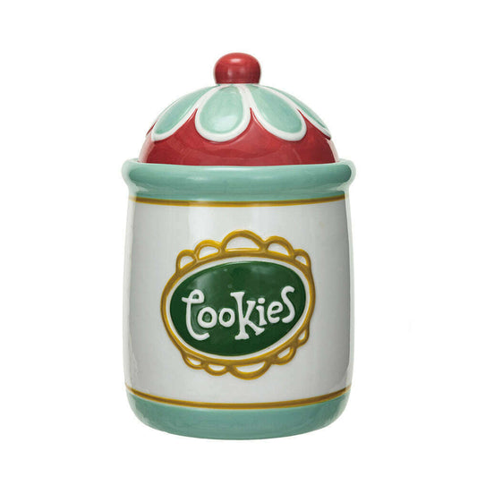 a ceramic cookie jar with a lid