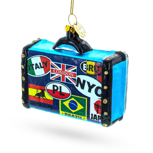 Retro Wanderlust Travel Suitcase Glass Christmas Ornament