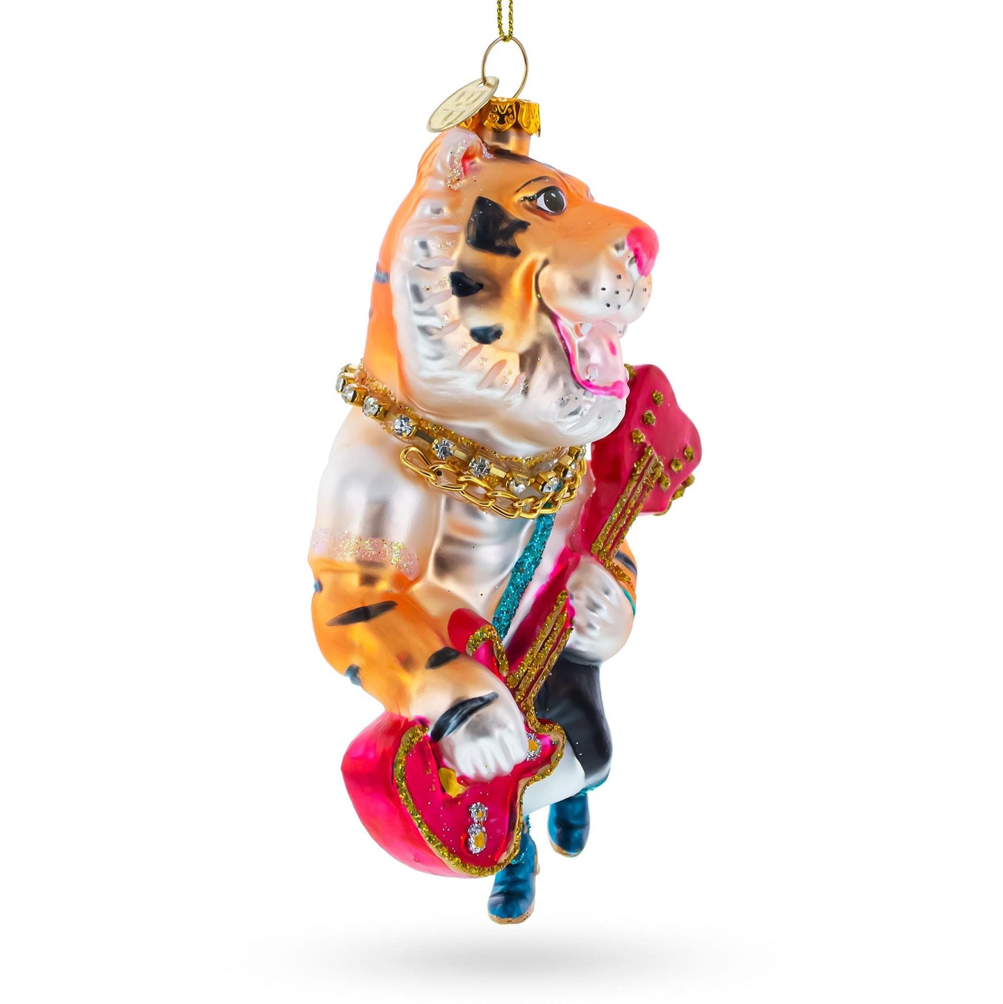 Rockstar Tiger with Guitar Glass Christmas Ornament