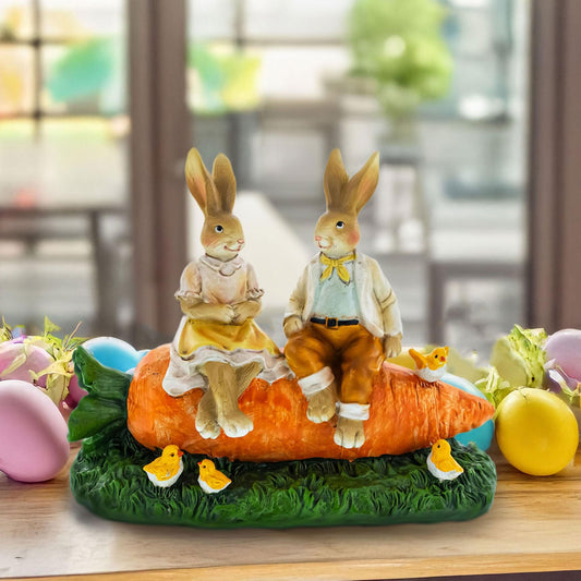 Romantic Easter Bunny Pair on Carrot with Chicks Spring Decor 6.3 Inches Tall