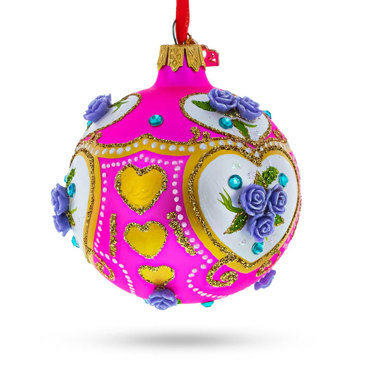 Roses on Pink Glass Ball Christmas Ornament 3.25 Inches