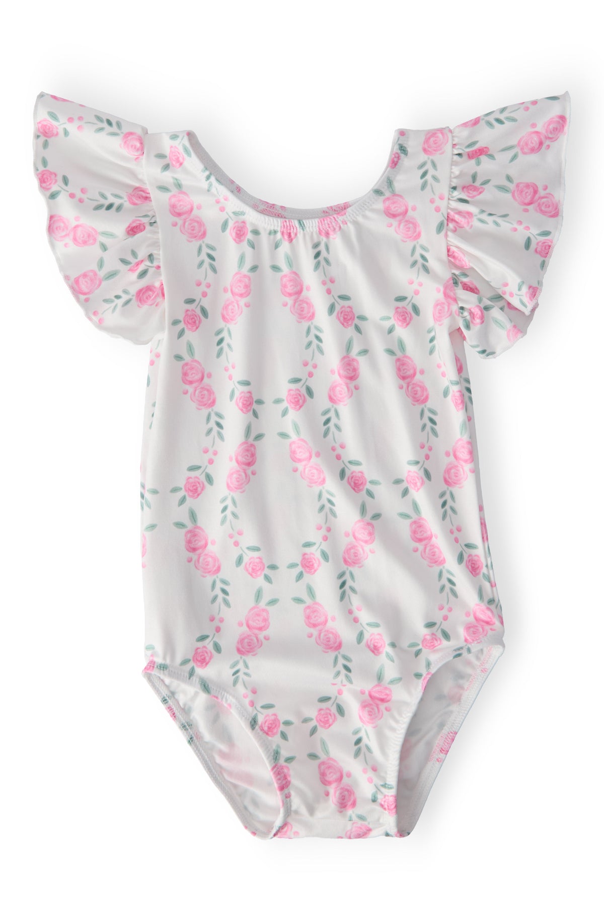 a white and pink one piece with pink flowers on it