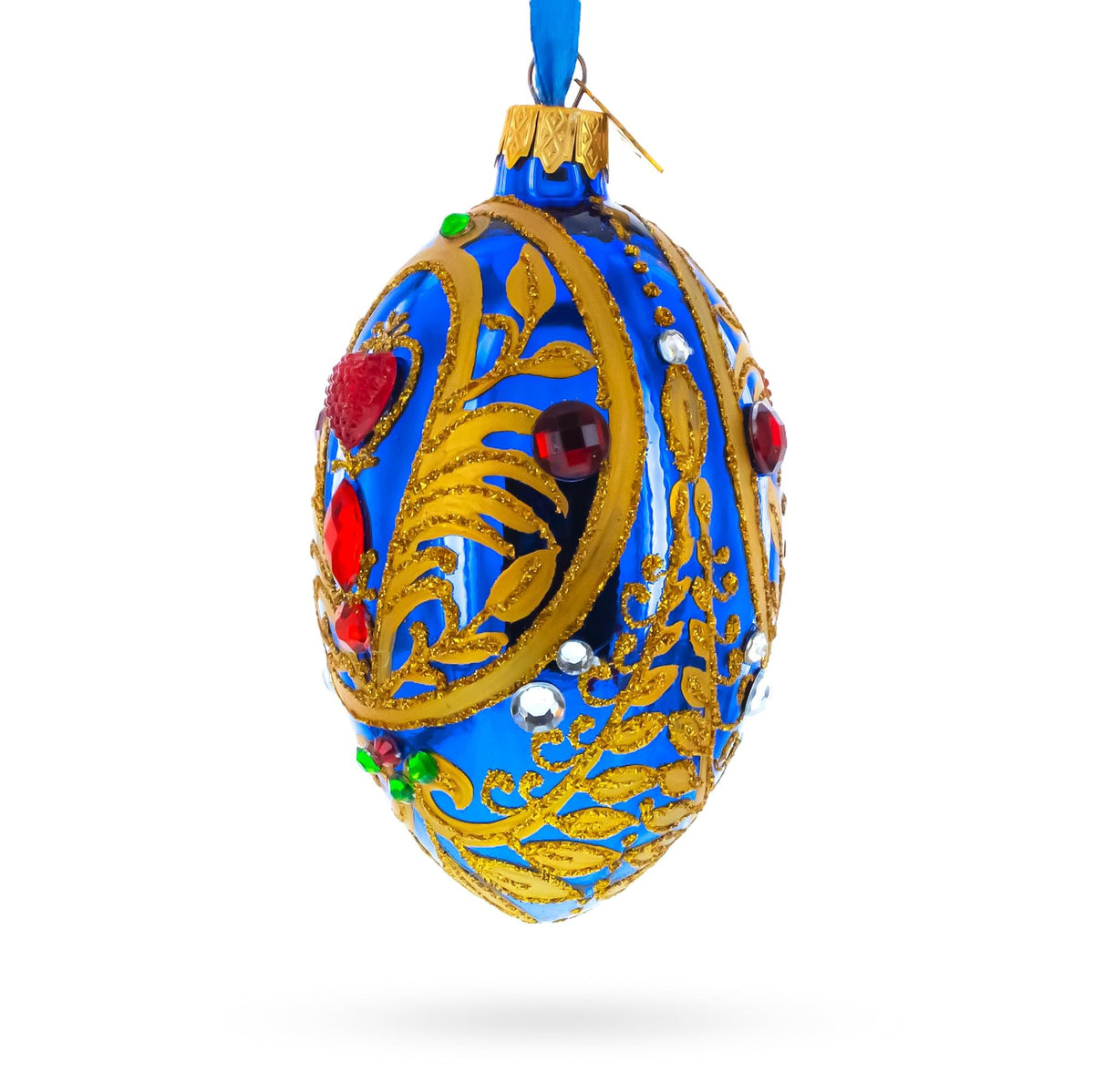 Royal Blue Regal Heart and Gemstones Embellished Glass Egg Ornament 4 Inches