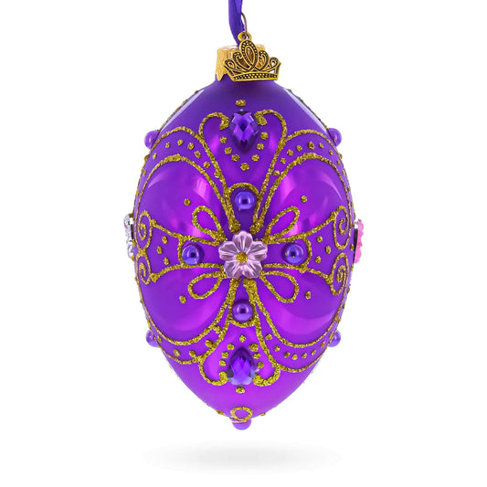 Royal Purple and Gold Glitter Scrollwork & Gem Accents Glass Egg Christmas Ornament 4 Inches