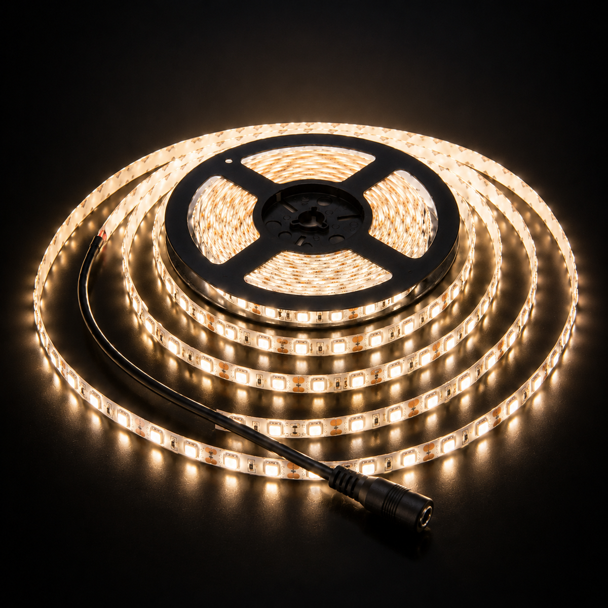 a roll of lights on a black surface