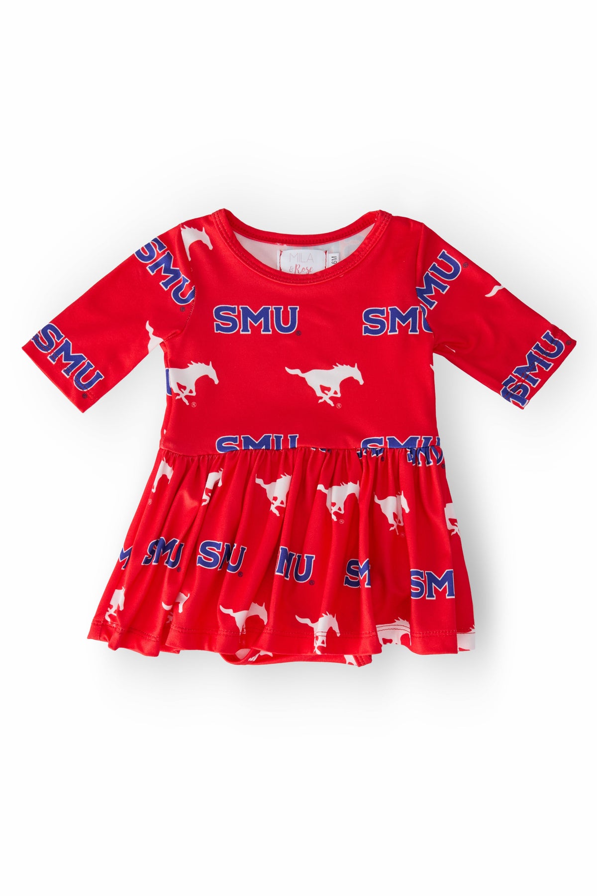 a red dress with white horses on it