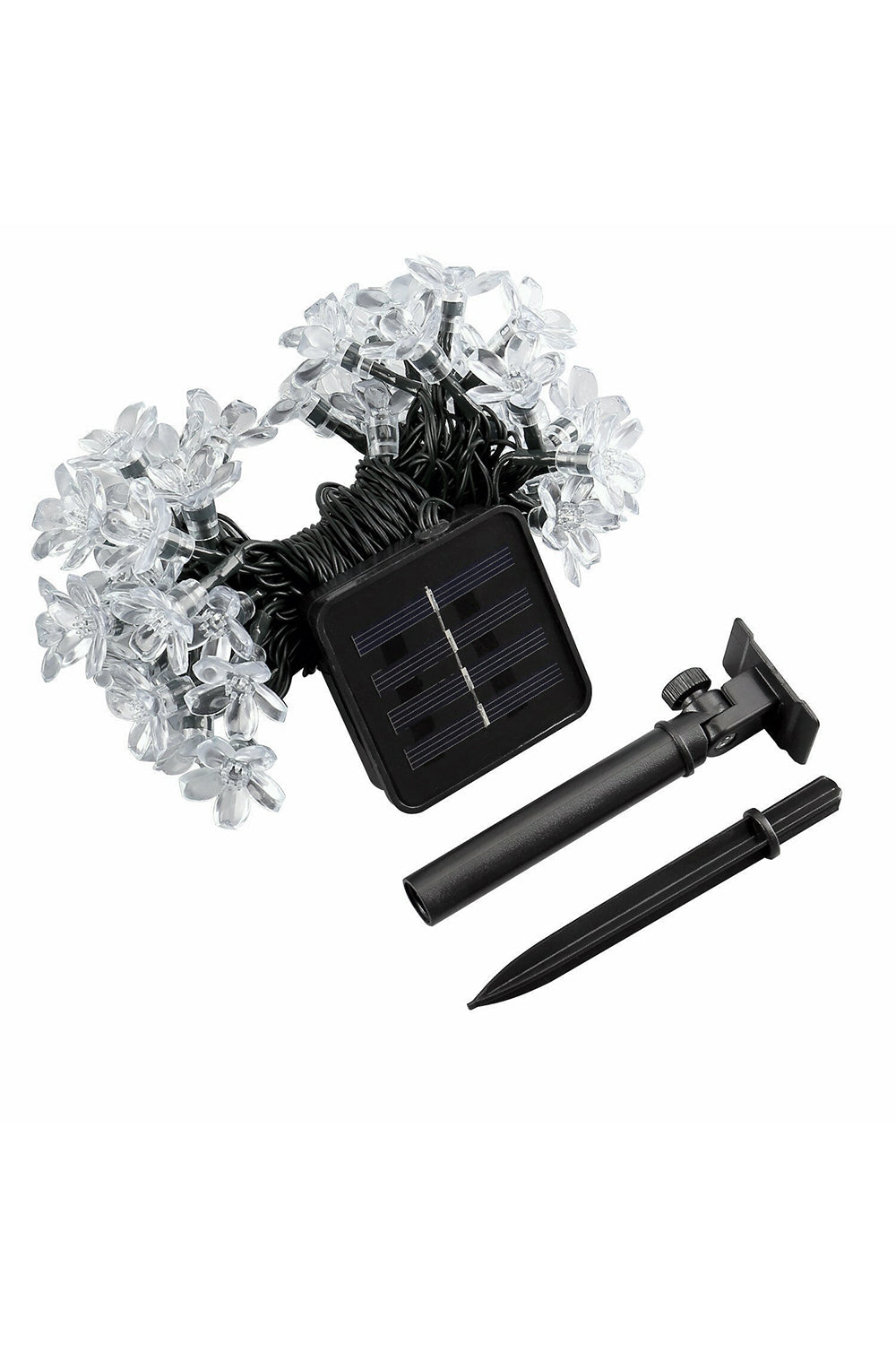 a solar powered light with a black pole and a black pen