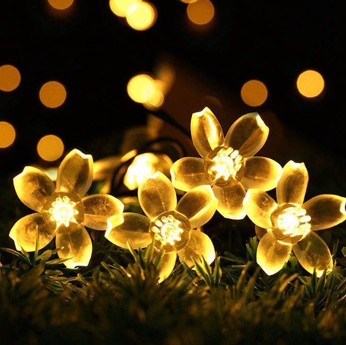 a group of lights on grass