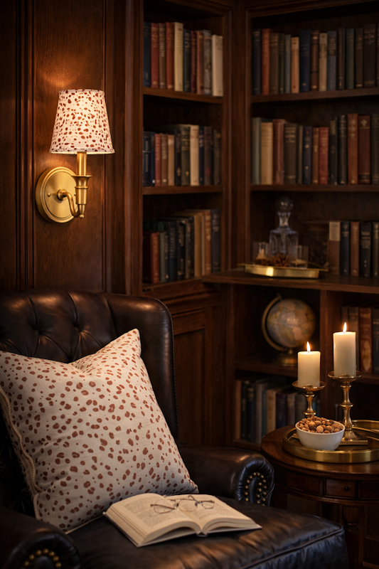 a chair with a pillow and candles on a table in front of a bookcase