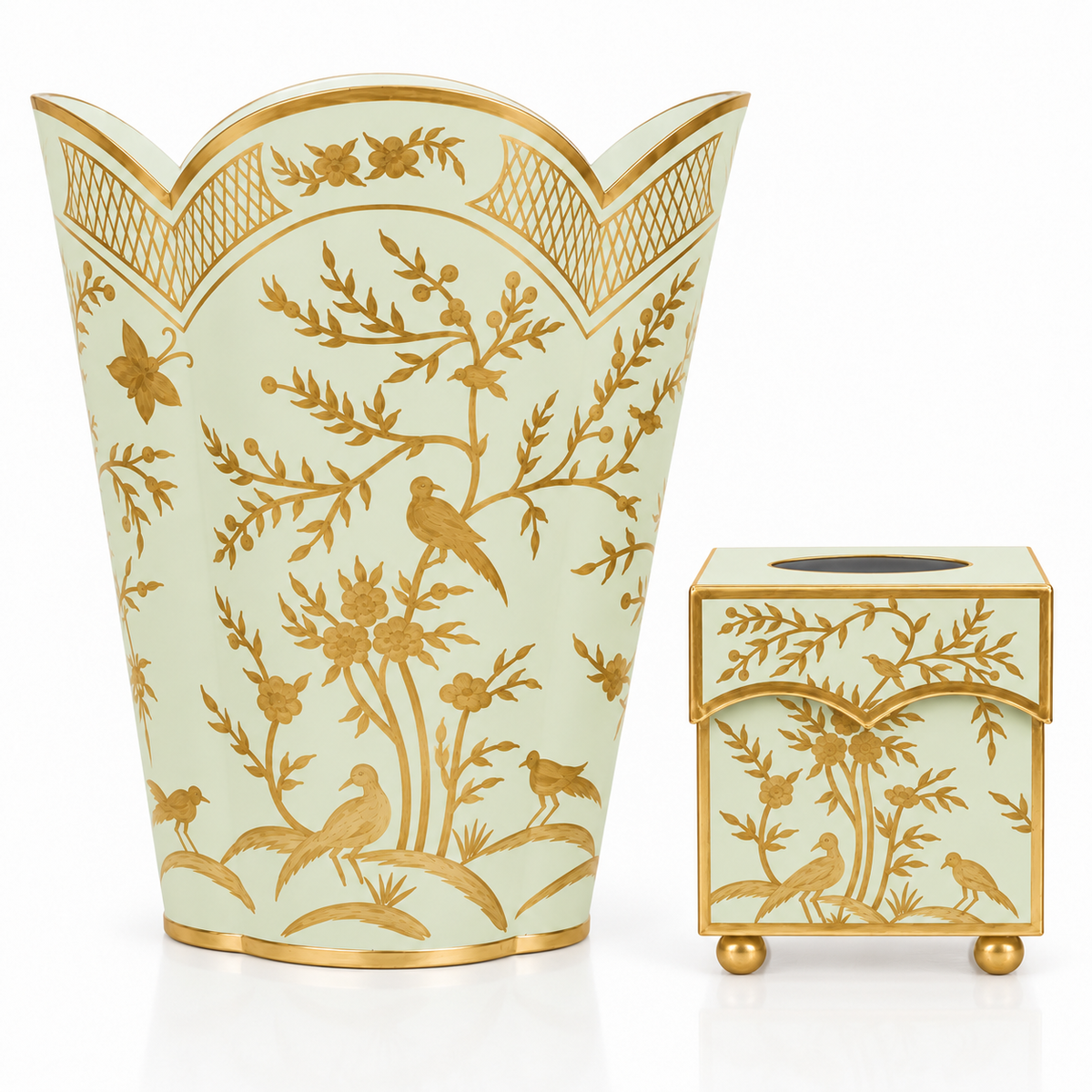 Pale Green & Gold Chinoiserie Wastepaper Basket & Tissue (2 Options)