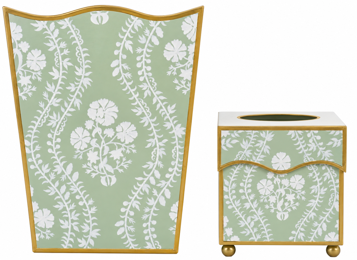 Sage Green Floral Trellis Wastepaper Basket & Tissue (2 Options)