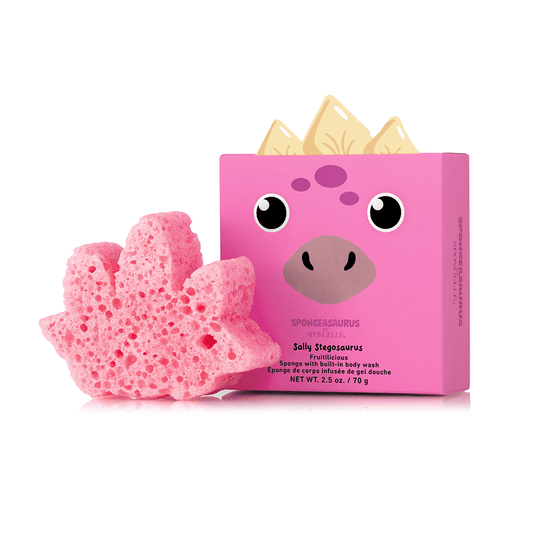 a pink box with a pink dinosaur face and a pink sponge