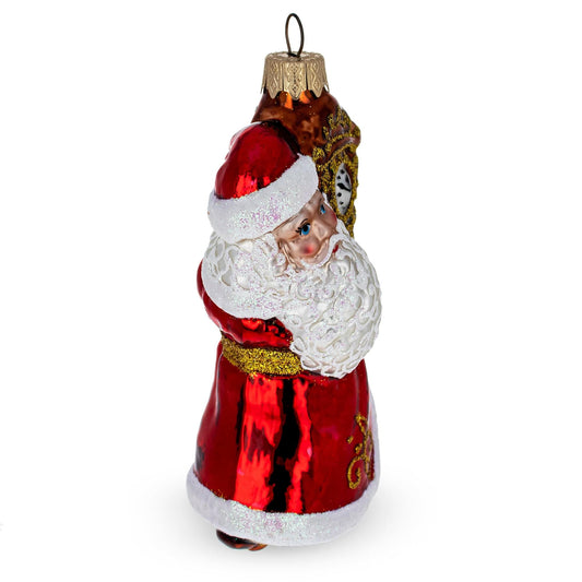 Santa Holding Grandfather Clock Glass Christmas Ornament