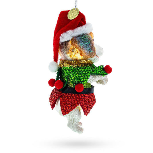 Santa Pup in Elf Costume Glass Christmas Ornament