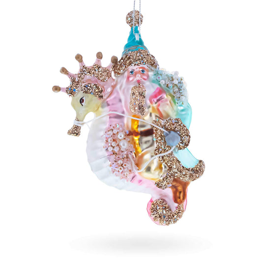 Santa Riding Seahorse Glass Christmas Ornament
