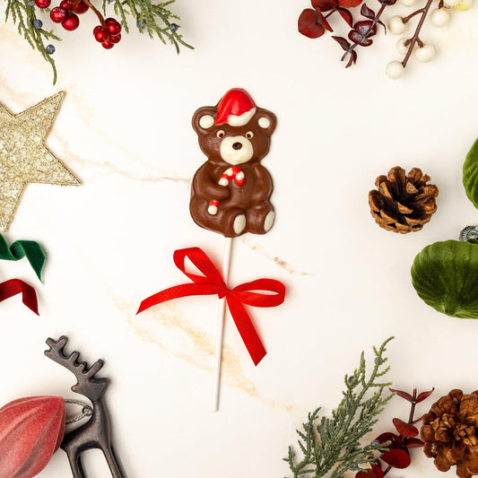 a chocolate bear lollipop surrounded by leaves and decorations