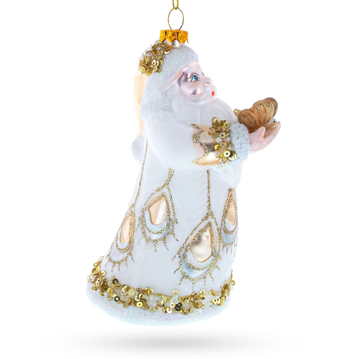 Santa in White Coat Glass Christmas Ornament