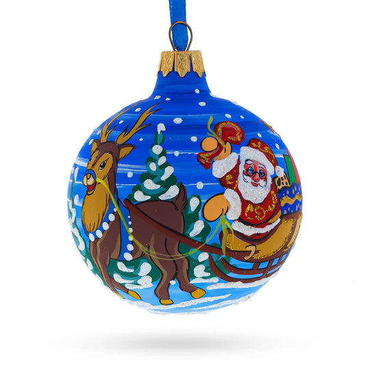 Santa in the Woods Glass Ball Christmas Ornament 3.25 Inches