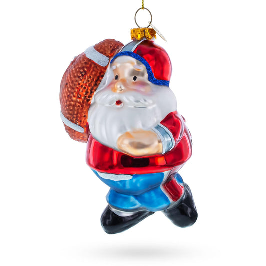 Santa the Football Player Glass Christmas Ornament