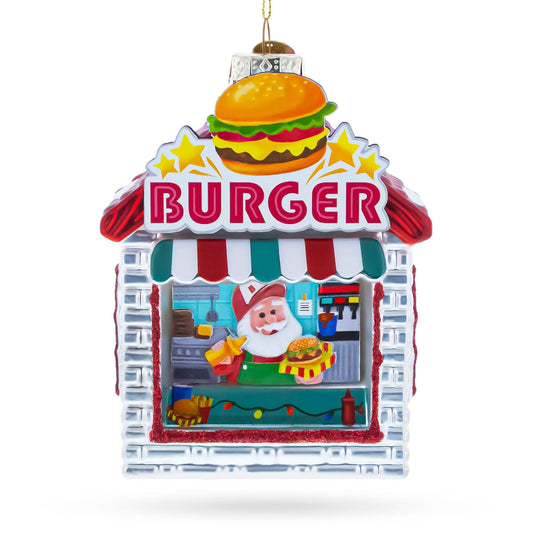 a christmas ornament with a burger shop