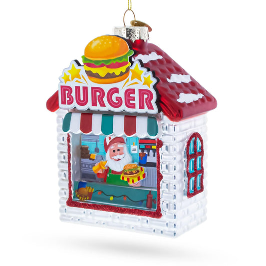 a christmas ornament with a burger shop