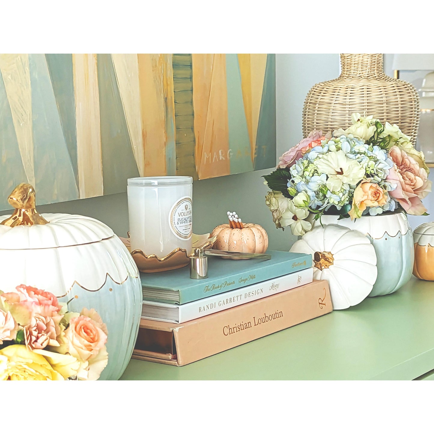 Scalloped Pumpkin Jars with 22K Gold Accents in Light Blue