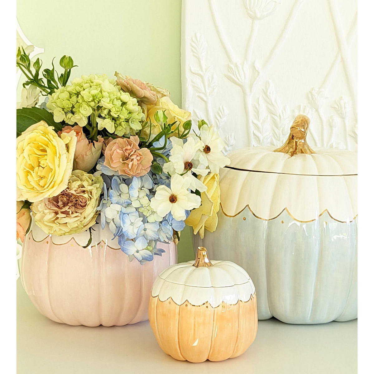 Scalloped Pumpkin Jars with 22K Gold Accents in Sheer Orange