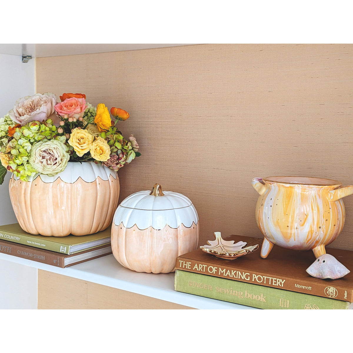 Scalloped Pumpkin Jars with 22K Gold Accents in Sheer Orange