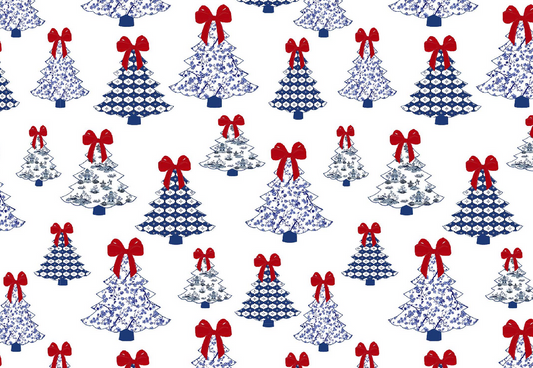 a pattern of blue and white christmas trees