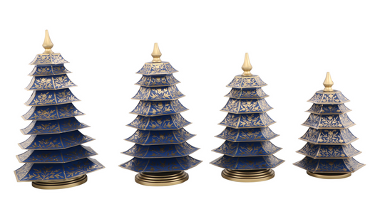 a group of blue and gold christmas trees