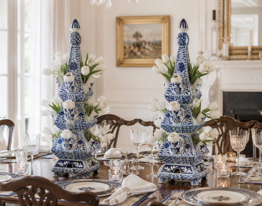 a table with blue and white china