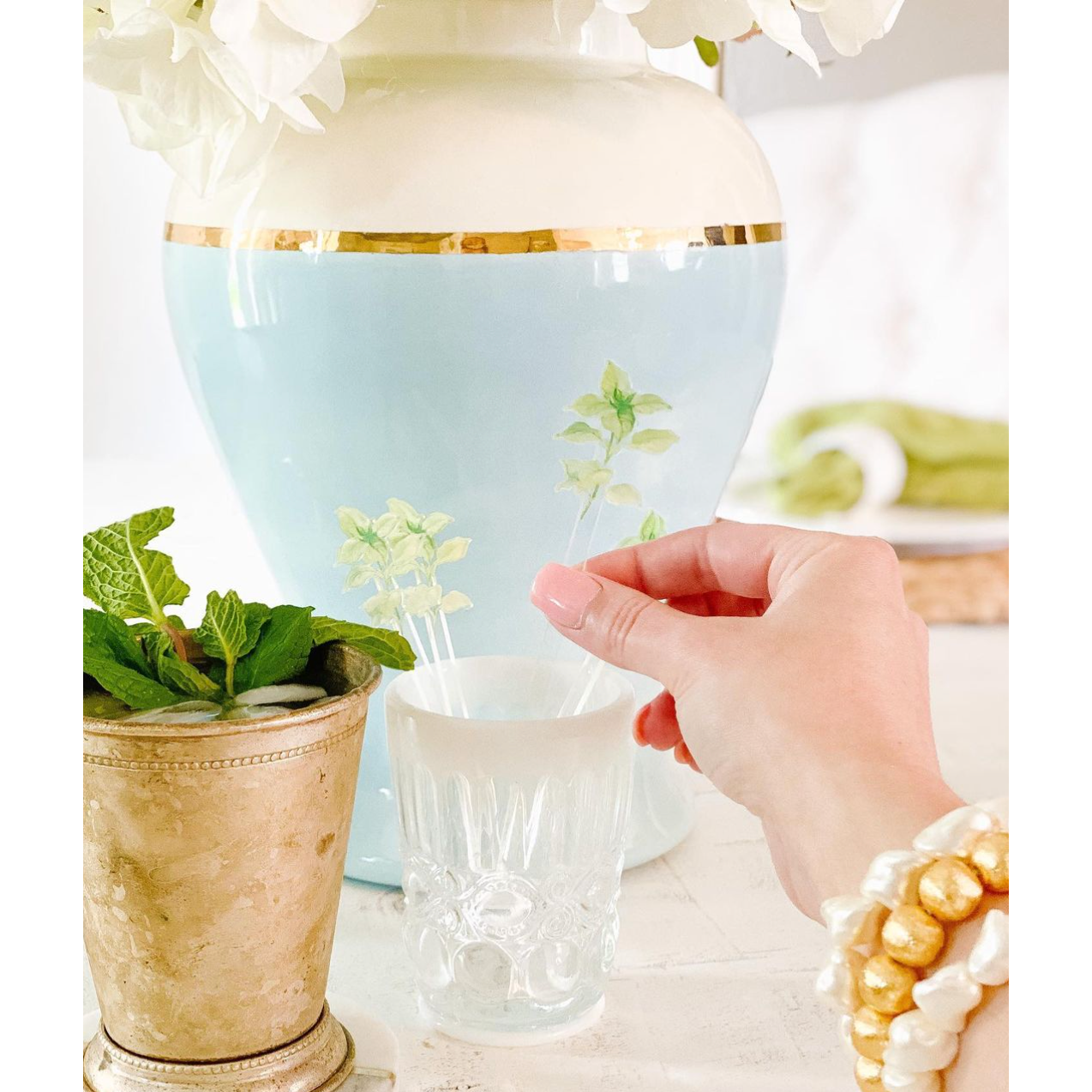 Robin's Egg Blue Color Block Ginger Jar with Gold Accent