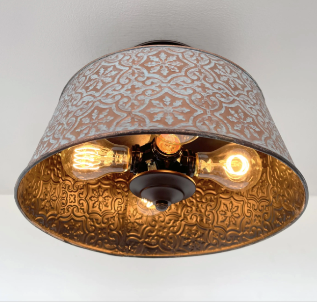 Ornate Copper Farmhouse Ceiling Light | 12" | 4-Bulb Flush Mount