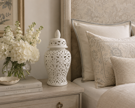 a white vase with flowers on a nightstand next to a bed