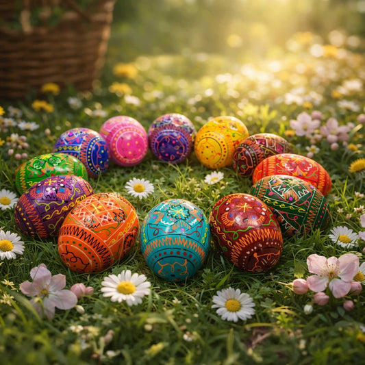 a group of colorful eggs in a circle in grass with flowers
