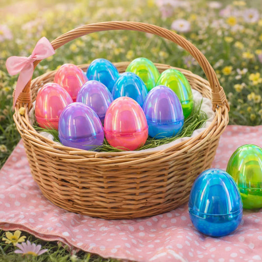 a basket full of plastic eggs on grass
