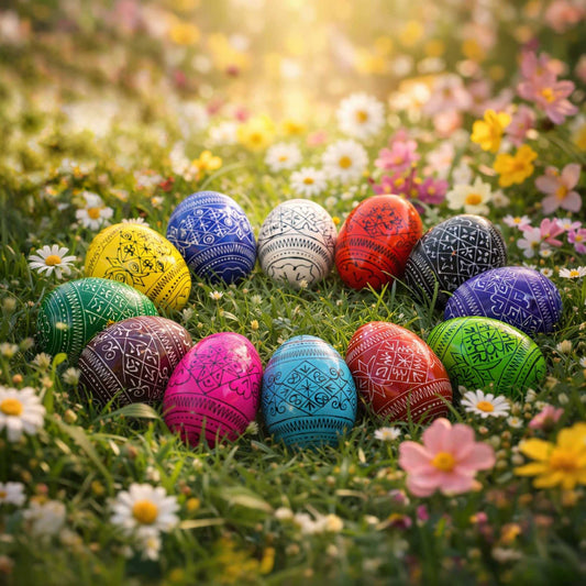 a group of colorful eggs in grass with flowers