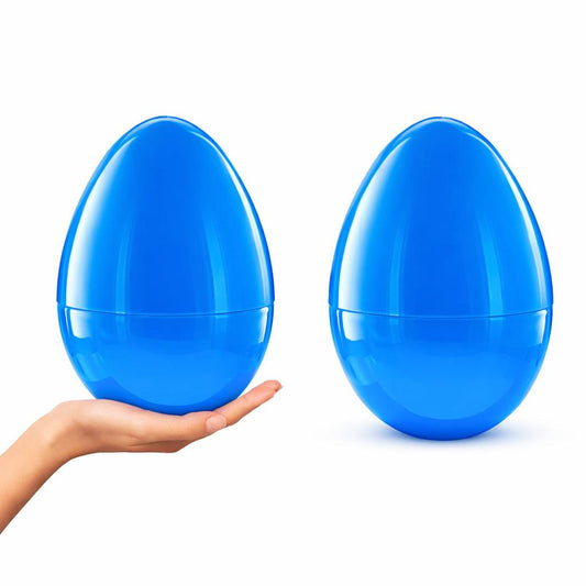 a hand holding a blue egg shaped object